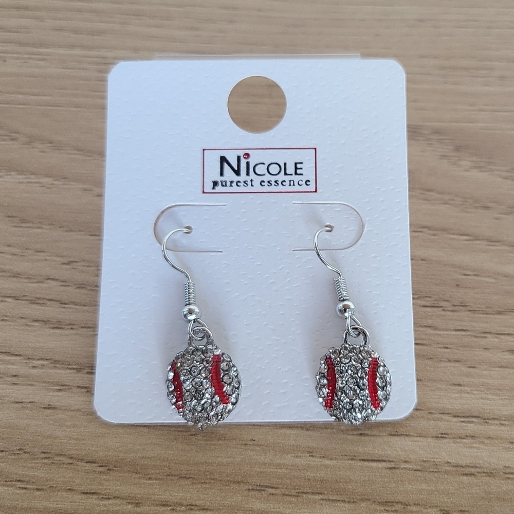 Baseball Rhinestone Earrings, Baseball Dangle Earrings, Silver Sports Earrings - Picture 7 of 8
